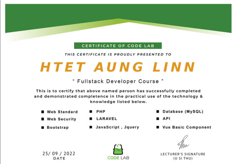 Fullstack Developer Course certificate from Code Lab