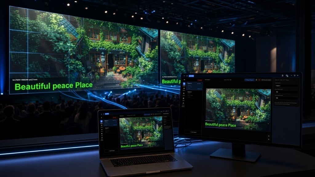 Raveon Live - projection control on laptop and monitor with venue screens in the background